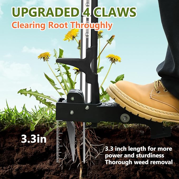 SHANTRA Weed Puller Tool, 4-Claw Stand Up Weed Puller Tool with Long Handle, Garden Weeder Puller Heavy Duty Stand Up Weeder, Weeding Tool for Lawn, Yard, Garden, Crabgrass, Dandelion Picker
