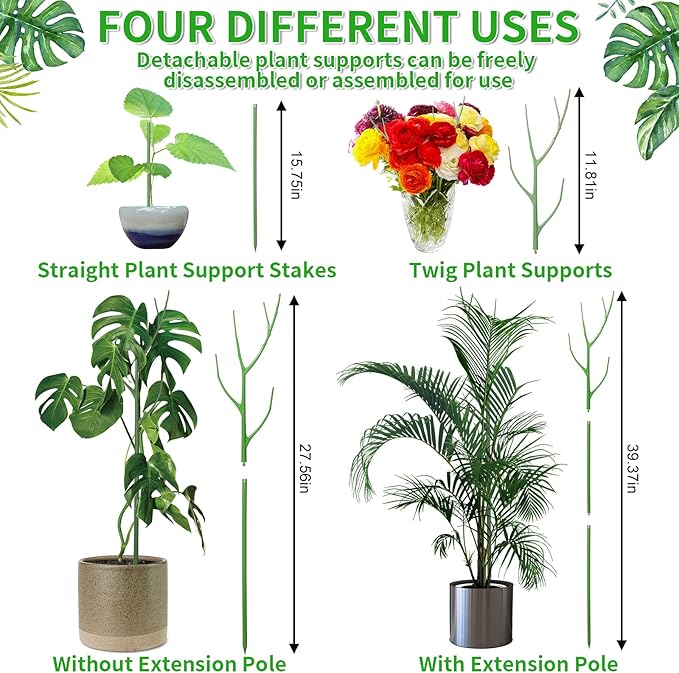 4 Pack 39.37" Detachable Twig Plant Support Stakes Set, Blends in to Plant, Branch Plant Sticks with Orchid Clips Twist Plant Ties, Twig Trellis for Indoor Outdoor Plants Potted Plants Flower