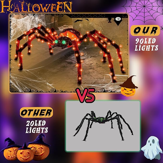 4.2Ft Giant Spider Halloween Decorations Outdoor 52" Light Up Spider with 90 LED Lights for Front Yard, Porch, Garden, Lawn, Halloween Party (Orange)