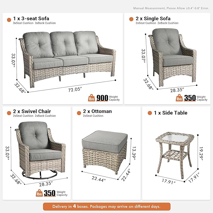 8 Pieces Patio Outdoor Furniture Set with Swivel Rocking Chairs,All Weather Wicker Rattan Patio Seating Sofa and Chair Set w/Ottoman,Outdoor Conversation Sets for Deck Yard Garden,Dark Grey