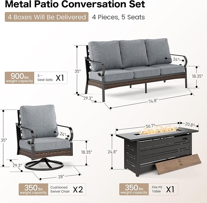 4 Piece Black Metal Outdoor Patio Furniture Sets with Firepit Table, Patio Conversation Sets 1 3-Seater Sofa, 2 Swivel Sofa with 5.75" Thick Cushion Backyard Furniture for Deck, Gray