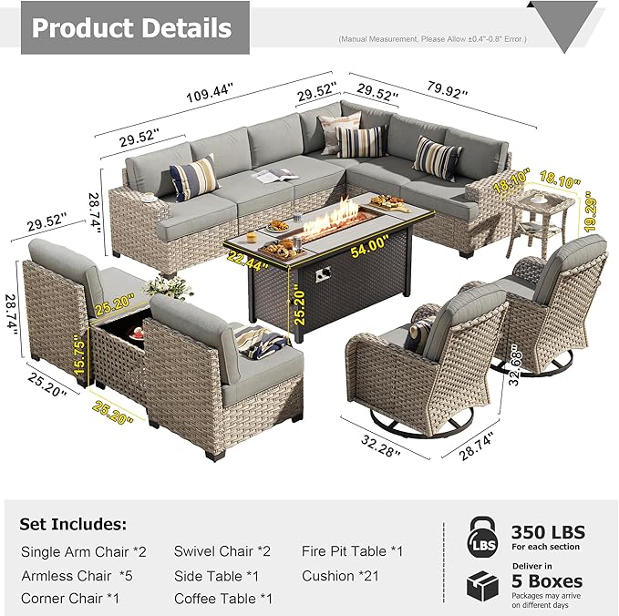 HOOOWOOO Outdoor Sectional Patio Furniture Set with Fire Pit Table,13 Pieces Wicker Conversation Sets L Shaped Couch,Extra Deep Out Door Sofa Outside Furniture with Swivel Chairs,Charcoal Gray