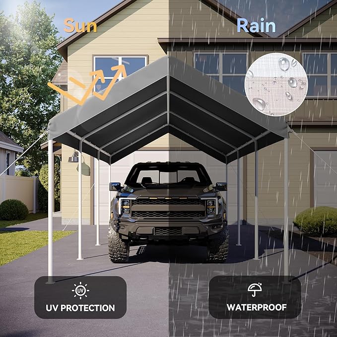 Aoxun 10x20 ft Heavy Duty Carport with Tarp & Wind Resistance Portable Carport Car Tent Outdoor Car Port with Tear Resistant Canopy, No Sidewall - Gray