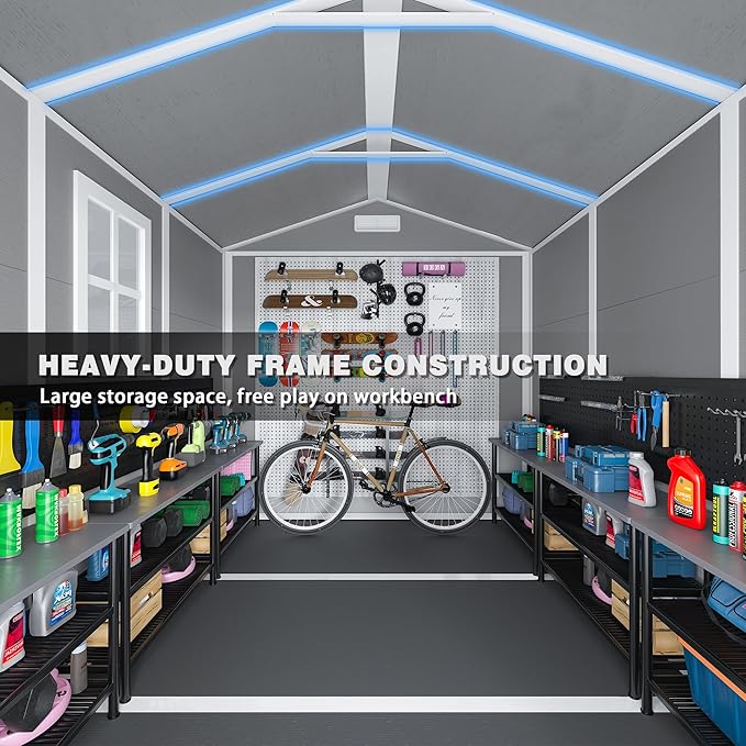 8.7x5.5 FT Resin Outdoor Storage Shed with Floor, Weather-Resistant Plastic Garden Shed with Windows, Lockable Door and Vents, Outside Tool Storage Sheds for Backyard, Garden, Patio, Lawn, Grey