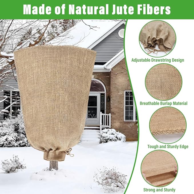 Riare 4 Packs 24 × 40 Inch Burlap Winter Plant Cover Bags with Drawstring- Reusable Large Burlap Sack Plant Frost Protector, Plant Frost Cloth Cold Tree Freeze Blanket for Outdoor Plants Fruit Shrubs
