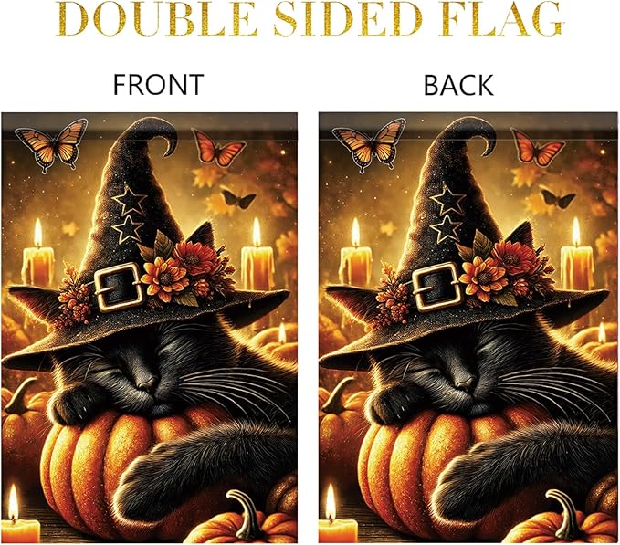 Halloween Fall Garden Flag Black Cat with Witch Hat Pumpkin Flag 12x18 Inch Double-Sided Autumn Candle Butterfly Yard Banner Outdoor Decor for Porch Lawn Pathway Cat Lover Gift