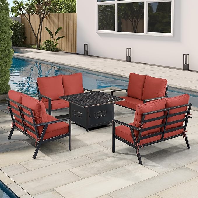 Oakland Living Black Aluminum Patio Fire Table Set with Four Deep Seating Loveseats with Cushions with Red Cushions