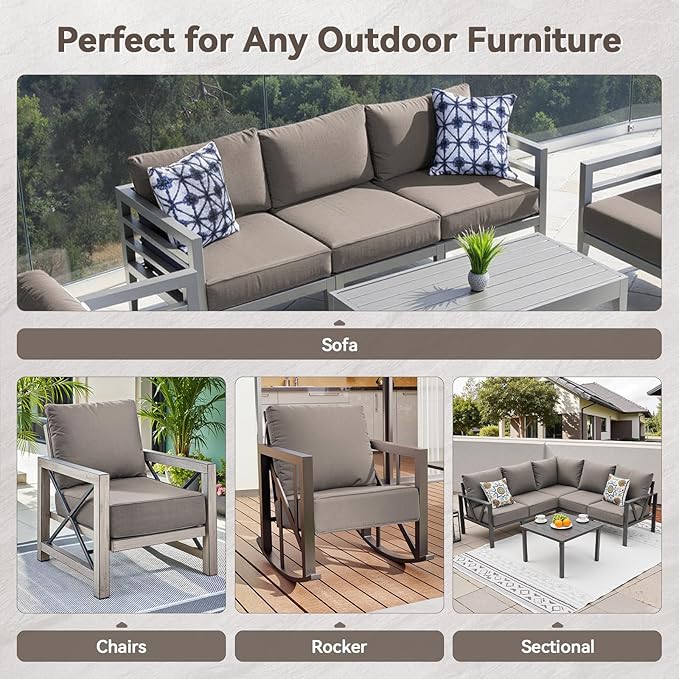 Luxury 6" Outdoor Cushions for Patio Furniture, 24x24x6 Thick Seat Cushion Set of 9, Fade Resistant Couch Chair Replacement Cushions High Density Deep Wicker Chair Cushion w/Removable Cover Gray