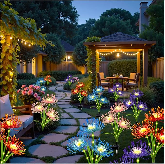 Solar Outdoor Lights 4 Colors Spider Lily – 4 Pack 12-Head Waterproof Garden Flower Lights with Glowing Stems,Decorative Solar Powered Yard,Patio & Lawn Decor,Gardening Gifts for Women Grandma