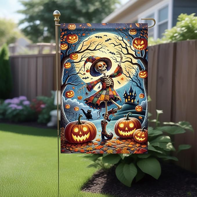 Halloween Garden Flag Skeleton Witch Pumpkin Flag 12x18 Inch Double Sided Fall Halloween Outdoor Decoration Haunted House Party Decor Seasonal Autumn Yard Banner for Home Lawn Patio