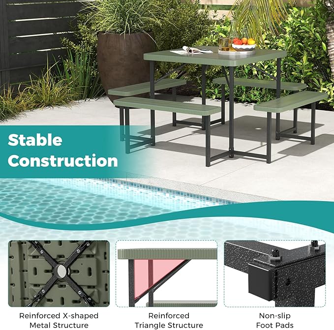 Giantex Picnic Table Bench Set for 4-8 People, 34" Outdoor Square Dining Table & 2 Benches w/Umbrella Hole, HDPE Tabletop, Metal Frame, Patio Camping Furniture for Backyard Porch Lawn (Green,Square)