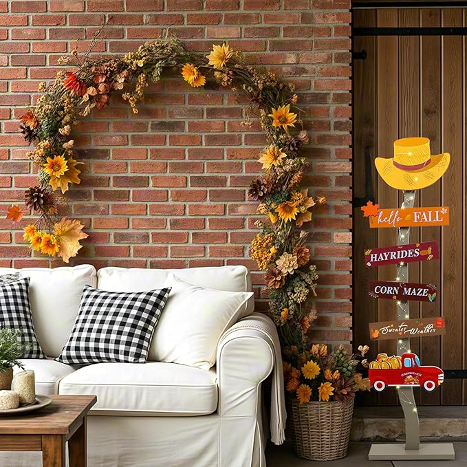 Lighted Wood Hello Fall Porch Sign,Fall Welcome Porch Decor,Autumn Maple Pumpkin Truck Sweater Weather Standing Wooden Signs for Home Front Door Yard Party Decor