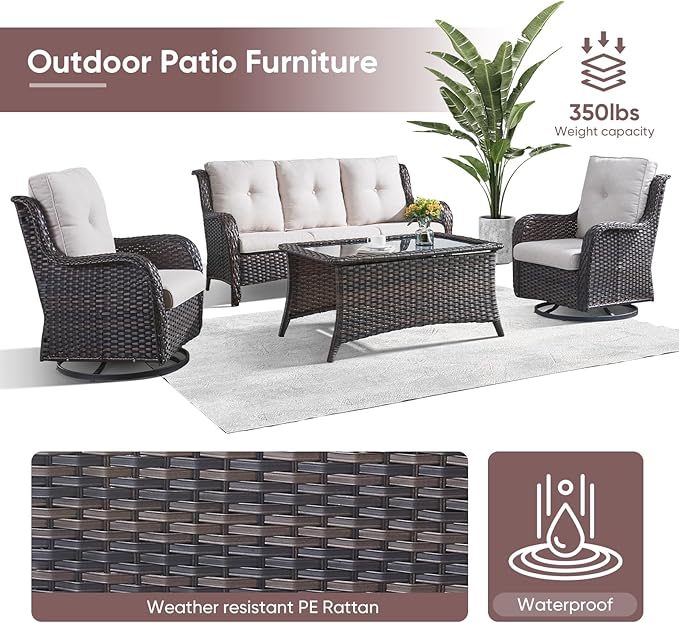 4 Piece Patio Furniture-All-Weather PE Wicker Outdoor Patio Furniture with Swivel Rocker Chairs,Outdoor Couch, Set with Coffee Table-Brown/Beige