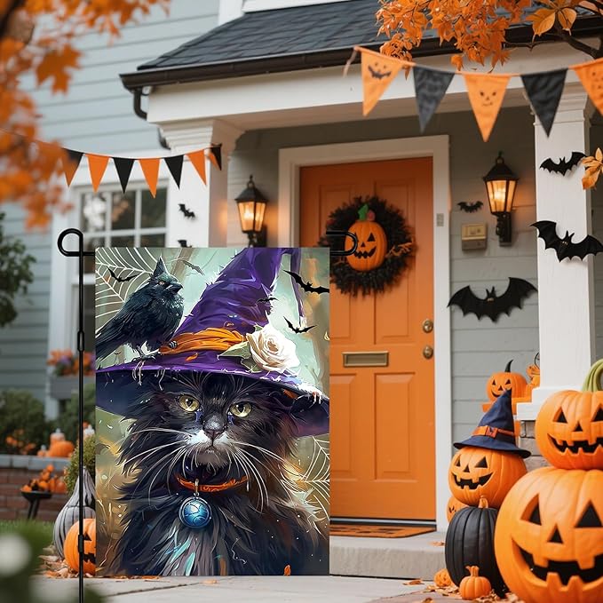 IVN Halloween Garden Flag 12x18 Inch Double Sided Witch Cat Raven Pumpkin Bat Fall Outdoor Flag for Yard Porch House Lawn Decoration Spooky Seasonal Holiday Banner
