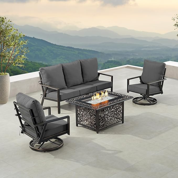 Oakland Living Black Aluminum Patio Fire Table Set with Deep Seating Sofa with Cushion and Two Club Chairs with Black Cushions