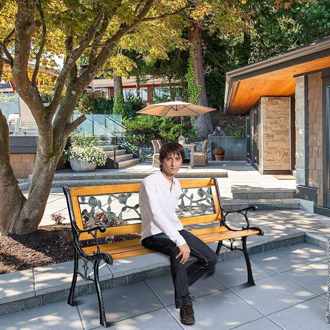 S AFSTAR Outdoor Garden Bench, Outside Porch Loveseat with Rose Cast Backrest & Stable Metal Legs, 2-3 Person Park Bench, Weather Proof Outdoor Bench for Patio Garden Backyard Poolside