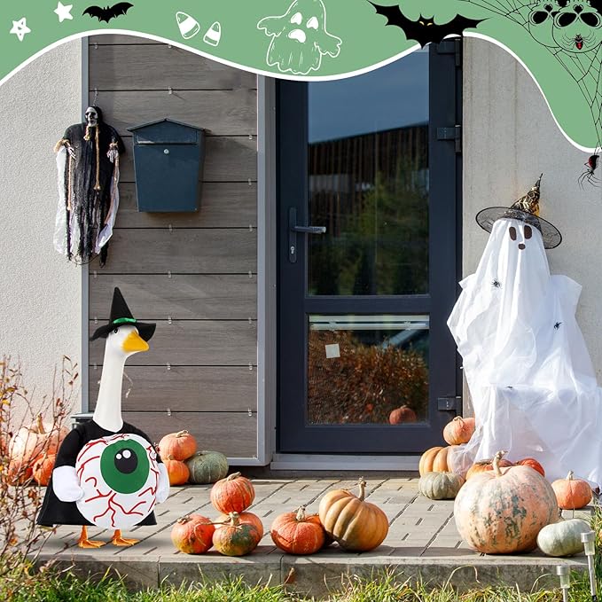 Sanwuta 1 Set Halloween Porch Goose Outfit Eyeball Pillow Design with Hat for 23" Lawn Cement Goose Porch Geese Clothes Costume for Halloween Garden Patio Yard Outdoor Decorations
