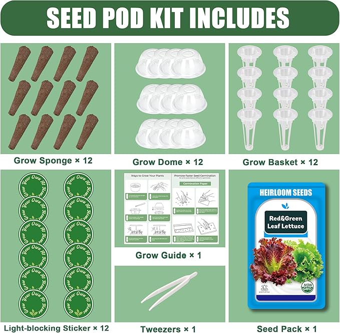 Lettuce Seed Pods Kit for Hydroponic, 12 Pods Red&Green Leaf Lettuce Grow Anything Kit for Indoor Hydroponics Growing System, Hydroponics Supplies with 12 Grow Sponges, 12 Plant Baskets