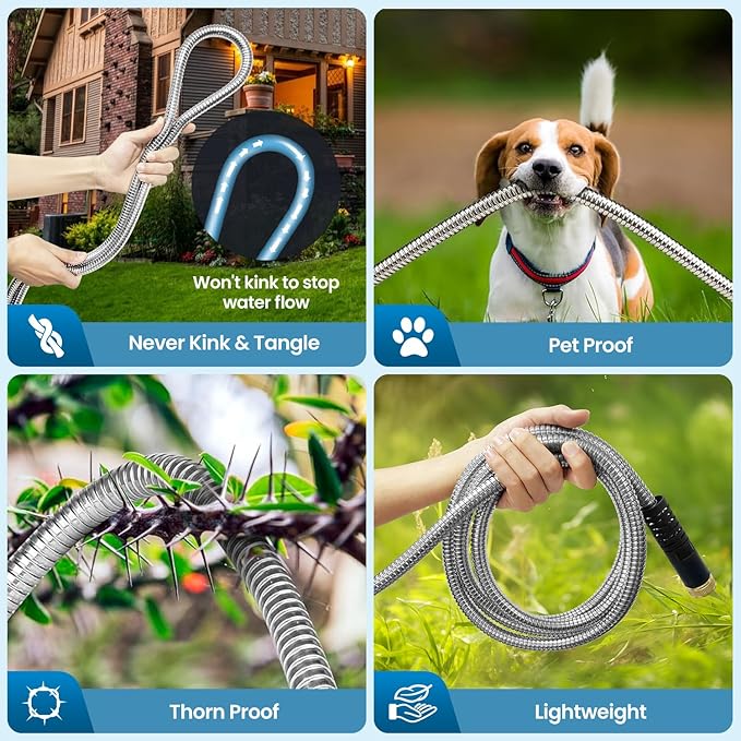 Garden Hose 50FT, Water Hose with 10 Function Nozzle, Garden Hose Metal with Leak-proof Connectors, Kink-Free & Ultra Flexible, Rust/Pet/Puncture Proof for Lawn, Yard, RV, Car Wash, 550PSI