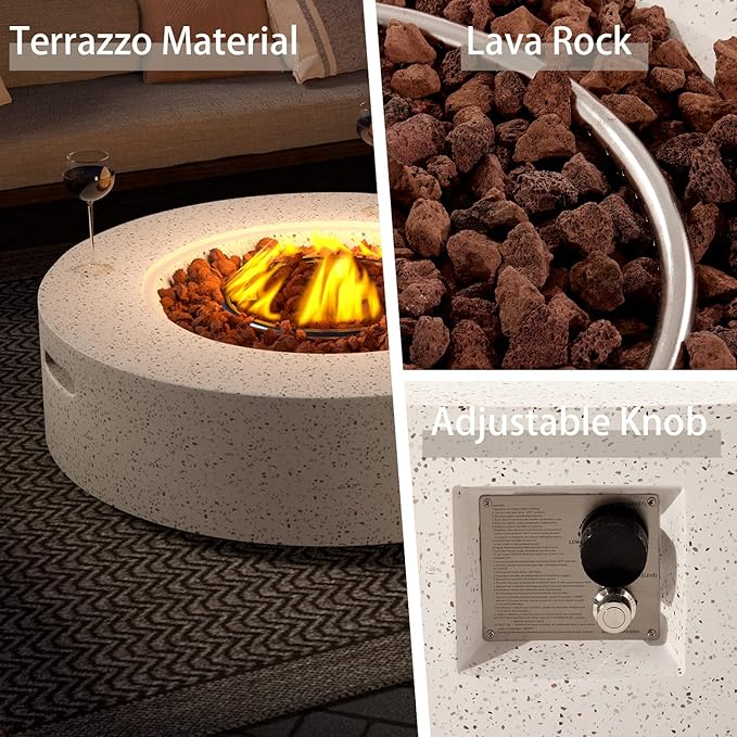 SUNBURY Outdoor 42inch Propane Fire Pit Table, 50,000 BTU Spotted White Patio Fire Table, Concrete Round Gas Fire Table w Lava Rocks (Tank Outside)
