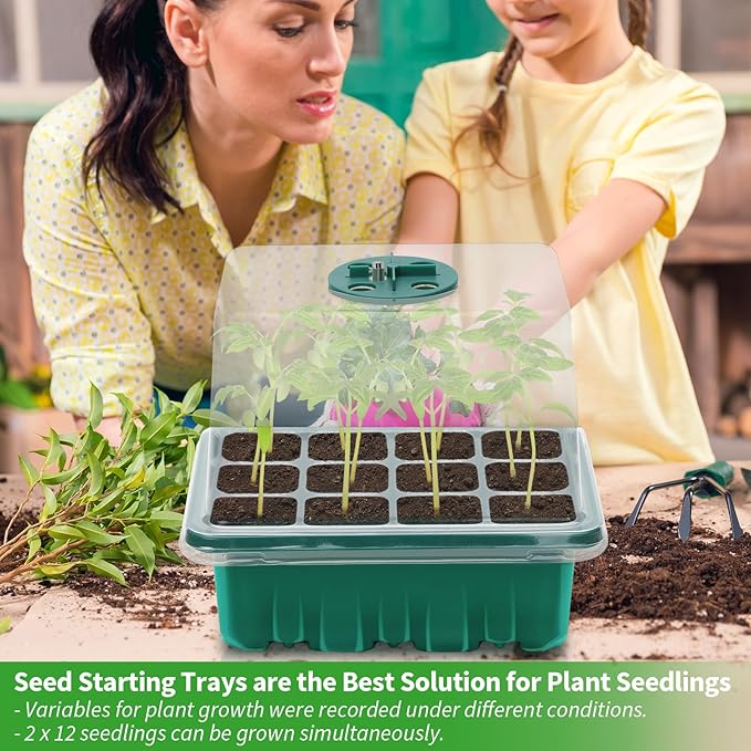 Seed Starter Tray with Plant Light, 2 Pack Grow Lights for Seed Starting Kit with Humidity Domes, Timing Controller Adjustable Brightness for Greenhouse Propagator Station Planting Growing