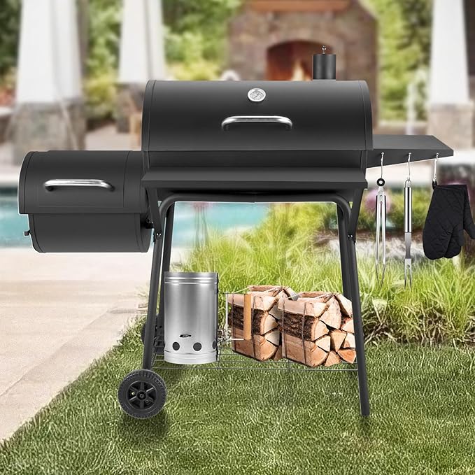 Barrel Charcoal Grill with offset smoker, 714 Square Inches Cooking Area, Outdoor BBQ Grill with Front and Side Shelf, Perfect for Backyard, Patio Parties and Picnics