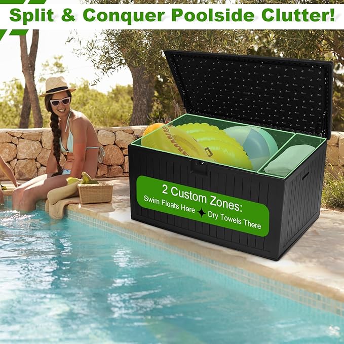260 Gallon Outdoor Storage Box Waterproof, Extra Large Plastic Outside Deck Box Weatherproof, Resin Patio Storage Bin with Lock and Lids for Pool Equipment, Cushion