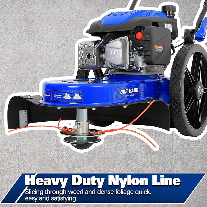 BILT HARD Walk Behind String Trimmer, 170cc 4-Cycle Gas Brush Hog Mower, 22 Inch Cutting Diameter, Push Weed Eater with 14 Inch Flat Free Wheels, Brush Cutter for Farm, Lawn, Yard