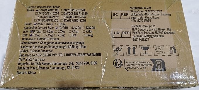 VEVOR Carport Replacement Canopy Cover 10 x 20 ft, Garage Top Tent Shelter Tarp Heavy-Duty Waterproof & UV Protected, Easy Installation with Ball Bungees,White (Only Top Cover, Frame Not Include)