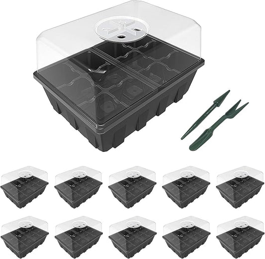 Gardzen 10 Pack Seed Starting Tray, Plant Germination Trays, Seed Starter Kit with Adjustable Humidity Vented Dome, Plant Growing Kit 6.6" x 4.5", Total 120-Cell, Clear