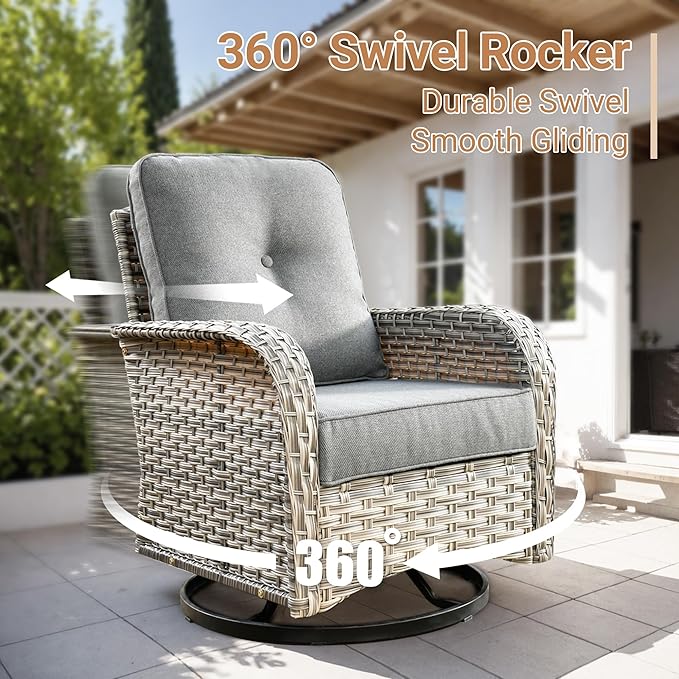 HOOOWOOO Outdoor Patio Furniture Set,8 Pieces Wicker Out Door Sectional Furniture L Shaped Couch,Patio Conversation Sets with Swivel Rocking Chair LED Table,Charcoal Gray