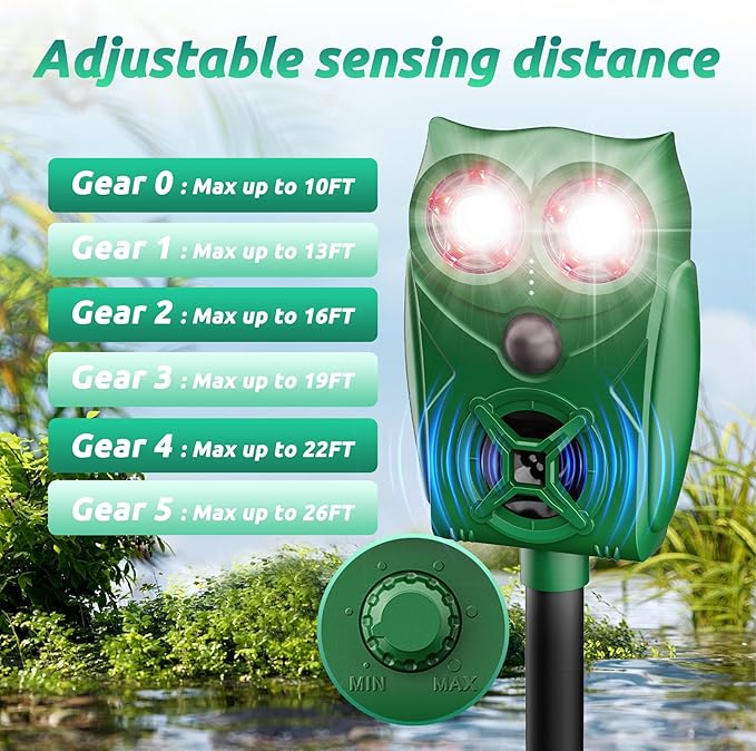 Solar-Powered Ultrasonic Animal Repellent with Motion Sensor, Waterproof Deer Repellent Device with Visual Indicator for Yard, Garden, and Plants, Effective to Repel Deer, Coyotes, Raccoons, and Cats