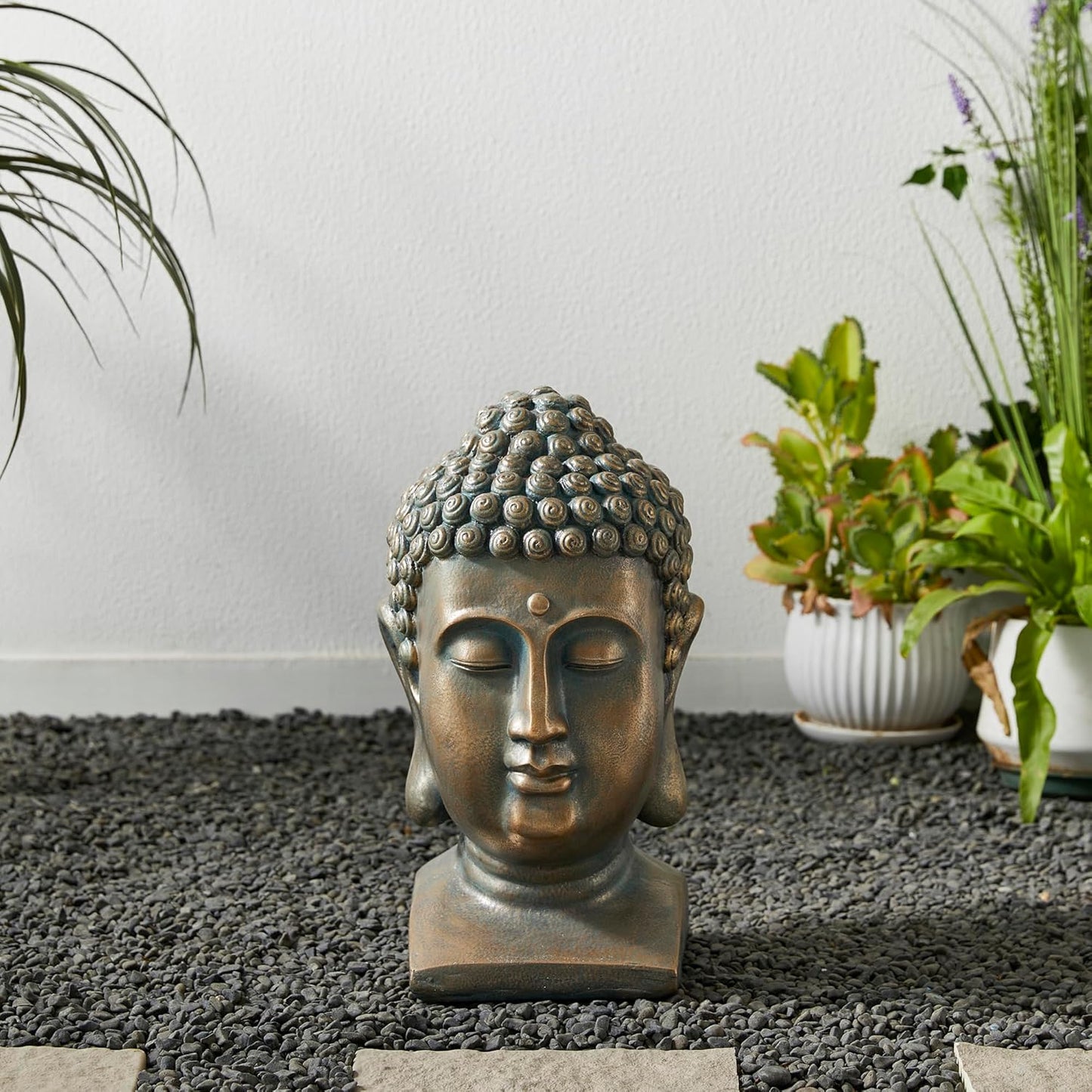 Glitzhome MGO Faux Bronze Buddha Head Garden Statue Indoor and Outdoor Sculpture Decoration, 16" H