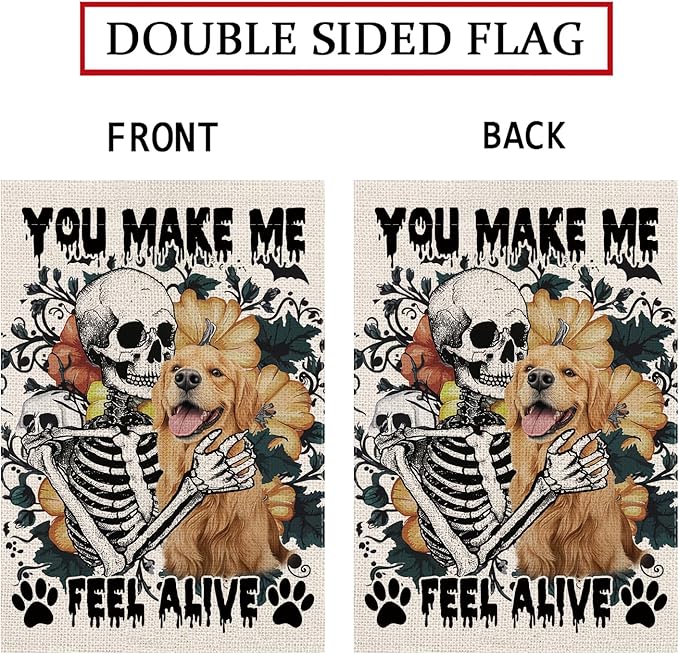 Halloween Garden Flag Skeleton and His Golden Retriever Vertical Double Sided Flags for Holiday Farmhouse Patio Yard Outdoor Party Decor Decorations Gifts - 12.5 x 18 Inch