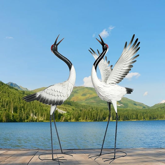 chisheen Crane Garden Statues Outdoor Metal Heron Yard Art Crane for Garden Sculptures Patio Lawn Ornaments,Set of 2