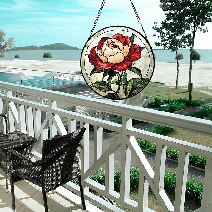 Stained Glass Window Hanging - Peony Suncatcher for Door Garden Home Decor Pink Birth Flower Sun Catcher Christmas Birthday for Friend Lovers Women Mom Nana 15 in