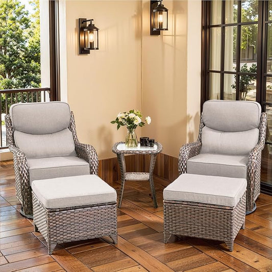 Luxury Outdoor Furniture Set with 6-Inch Thick Cushions, High Back Swivel Patio Chairs with Ottomans & Side Table, Wicker Outdoor Swivel Chairs Set for Porch, Yard, Deck, Poolside, Brown/Beige