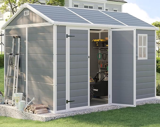 10.5x7.6x7.5 ft Outdoor Resin Storage Shed with Floor, Windows & Air Vents, Large Waterproof Tool Shed for Garden, Backyard, Lawn Equipments & Bikes, Grey