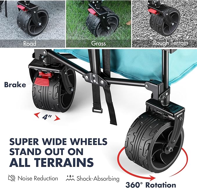 VILLEY Collapsible Folding Wagon with Big Wheels, All Terrain Beach Wagon Cart Heavy Duty Foldable, Enlarged 225lbs Capacity, Portable Utility Garden Cart with 2 Cup Holders and Brake, Blue