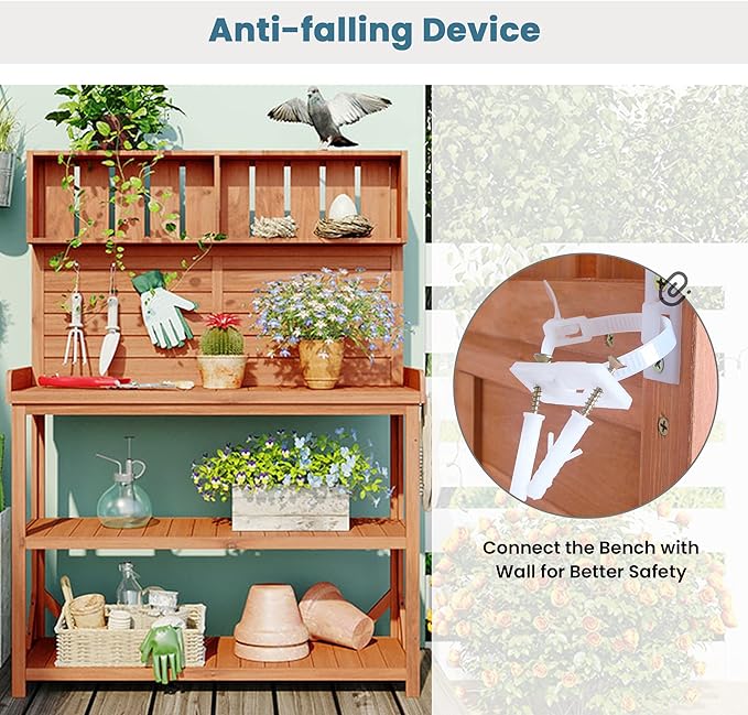 Merax 65" Large Wooden Farmhouse Rustic Outdoor Potting Bench Table with 4 Storage Shelves and Side Hook, Patio Workstation, for Garden, Backyard, Natural