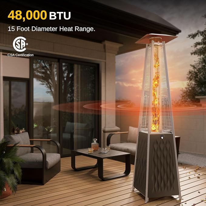 EAST OAK Pyramid Patio Heater, 48,000 BTU Outdoor Patio Heater, Quartz Glass Tube Propane Heater, Triple Protection System, Outdoor Heater with Wheels Coffee Bronze with Pyramid Patio Heater Cover