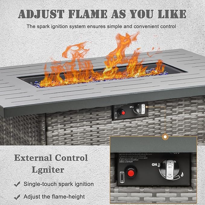 Propane Fire Pit Table,44 Inch 55000 BTU Outdoor Gas Fire Pit Rectangular with Glass Wind Guard for Outside Patio Deck (Gray-Aluminum Top)