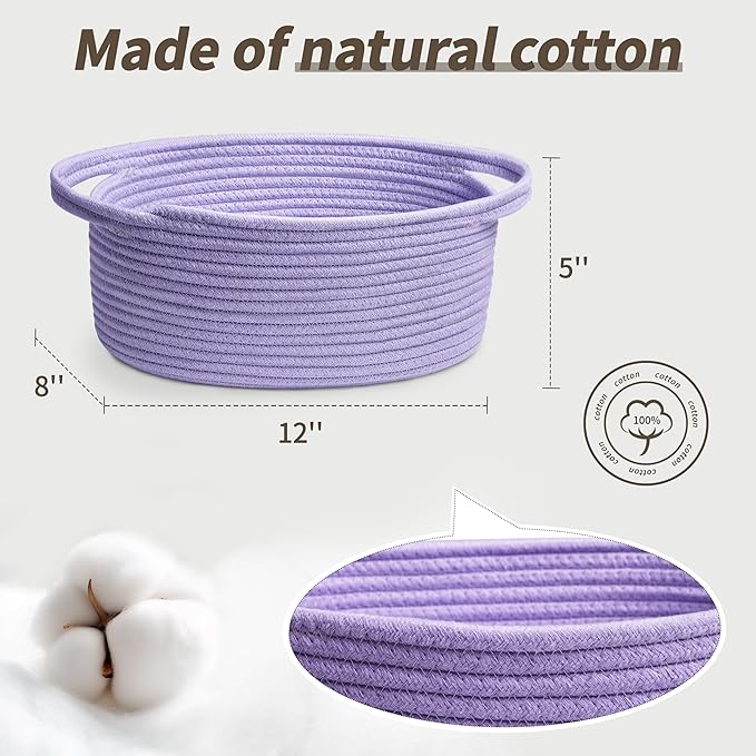 Pro Goleem Small Woven Basket with Gift Bags and Ribbons Durable Baskets for Gifts Empty Small Rope Basket for Storage 12"X 8" X 5" Baby Toy Basket with Handles, purple
