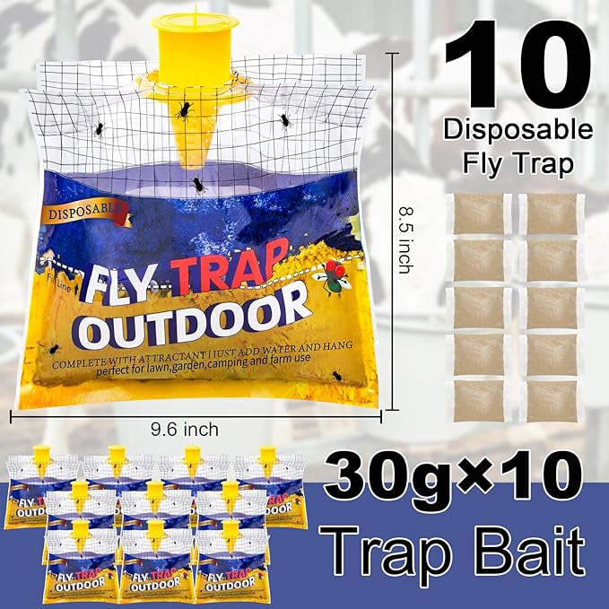Disposable Fly Traps 10 Pack Bags Outdoor, Flies Catcher Traps with Natural Pre-Bait Refill Repellent, Reusable Stable Horse Ranch Trapper Outdoor Hanging Killer Helps Control