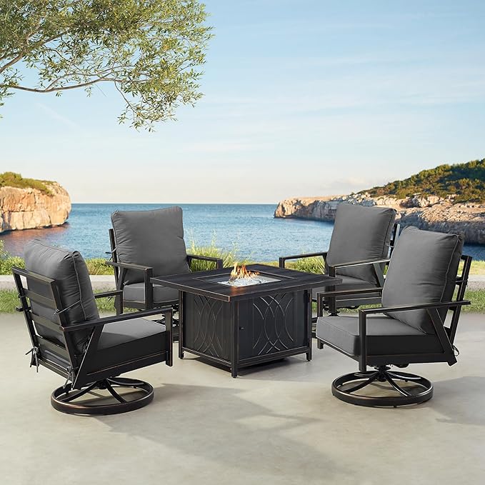Oakland Living Black Aluminum Patio Fire Table Set with Four Club Chairs with Black Cushions