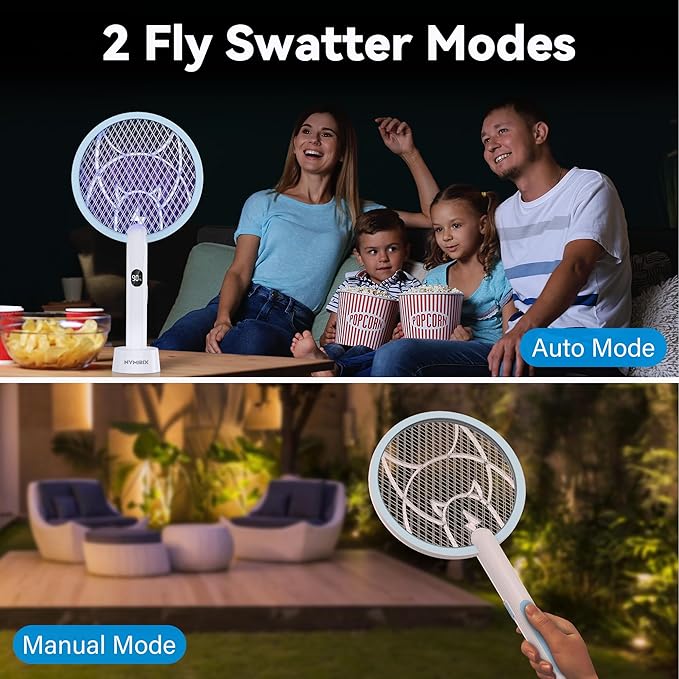 Electric Fly Swatter Racket, 2 in 1 Mosquito Bug Zapper 4100V Handheld Mosquito Killer with 1800 mAh Rechargeable Battery, Purple Lightand 3-Layer Safety Mesh for Indoor Outdoor Blue Two-Pack