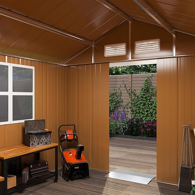 Outdoor Tool Shed 4x6 FT Heavy-Duty Metal Storage Shed with Lockable Door, Windows & Ventilation - Weather-Resistant Roof Garden Shed for Backyard, Patio, Lawn (Brown)