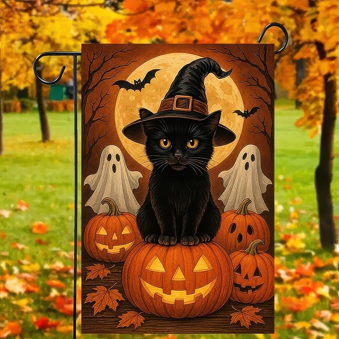 Garden Flags 12x18 Inch Halloween Black Cat Garden Flag Witch Hat Pumpkin Ghosts Double-Sided Spooky Fall Yard Decorations for Outdoor Porch Lawn Welcome Sign Holiday Banner