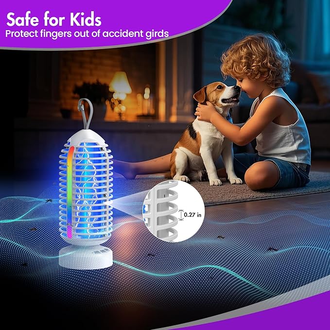 Bug Zapper Outdoor with Colorful Lighting and Auto-Sensing, 3 in 1 Cordless 4000mAh Battery Electric Fly Trap, Rechargeable Mosquito Zapper for Camping, Patios, Garden, Kitchen (1Pack-White)