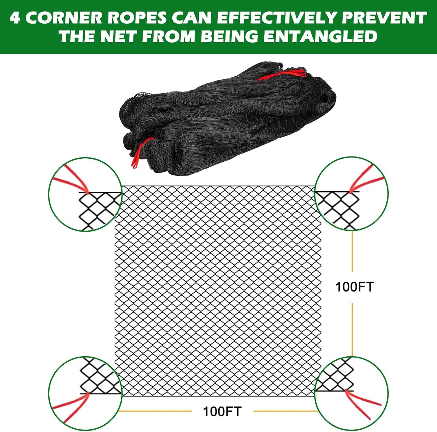 Chicken Netting Roof Hawk 100'x100' with 2" Mesh, Heavy Duty Bird Nettings for Garden with Birds Scare Tape, Nylon Bird Netting for Chicken Coop, Avian Nettings Deer Fence Fruit Tree Net